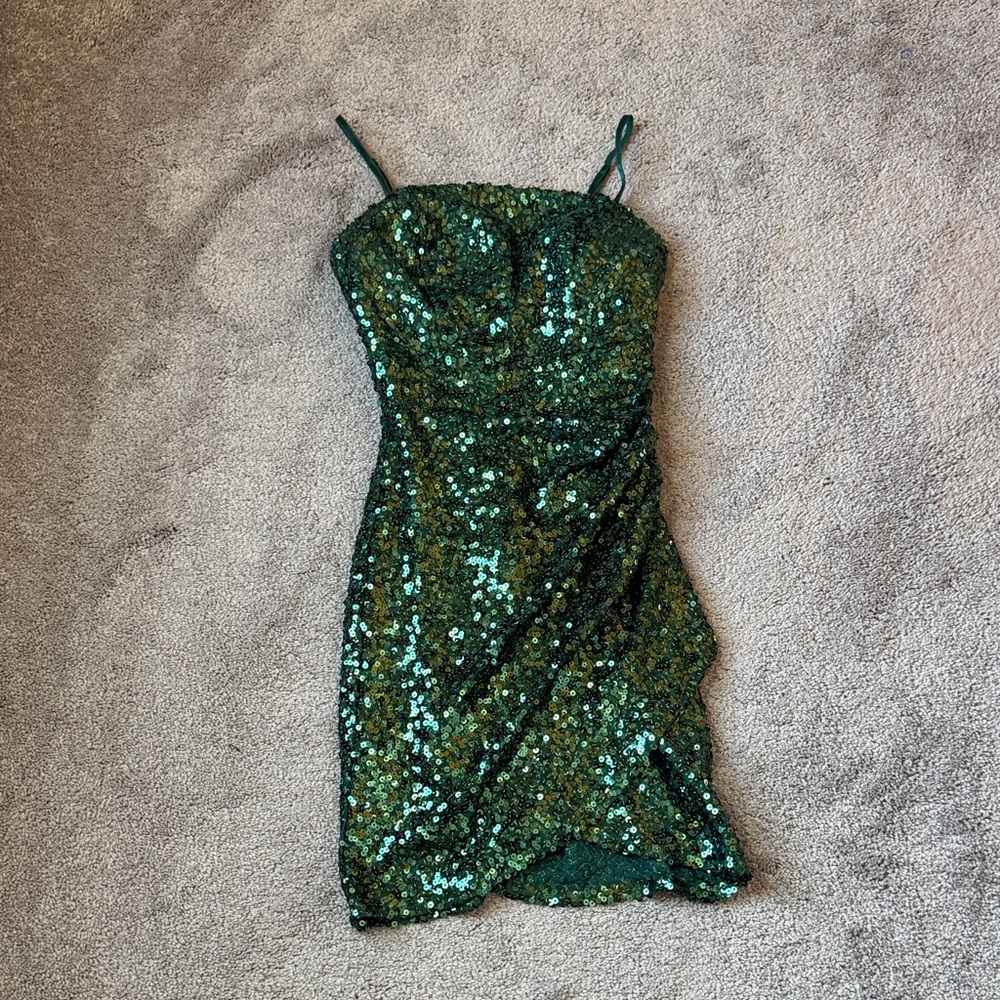 Crystal Sky Green Sequin Ruched Mini Dress SIZE XS